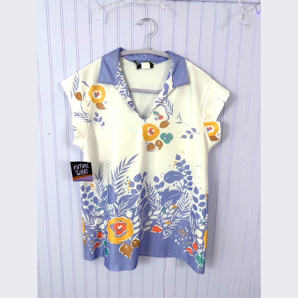 *SOLD* Vintage 1970's Polyester Floral Top Purple Floral V-Neck - Picture 6 of 6